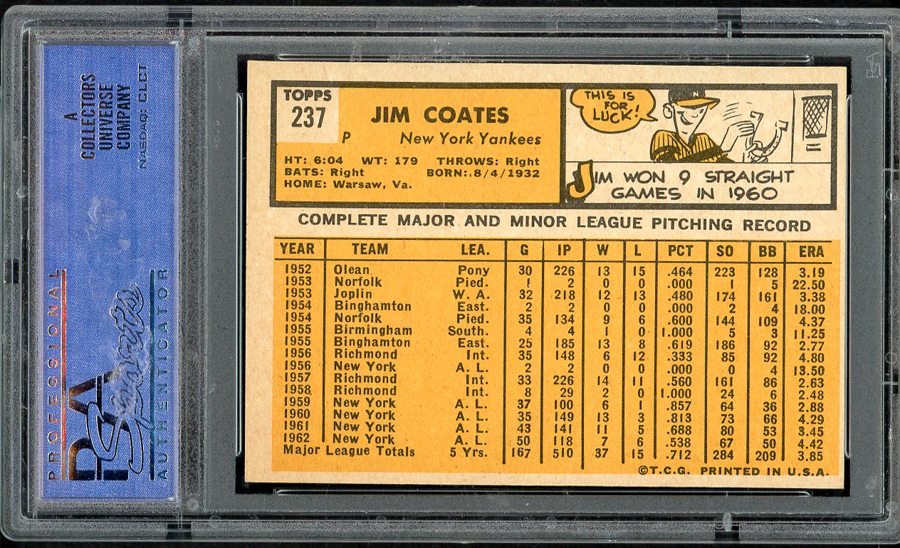 1963 Topps Baseball #237 Jim Coates Yankees PSA 8 NM/MT 562289