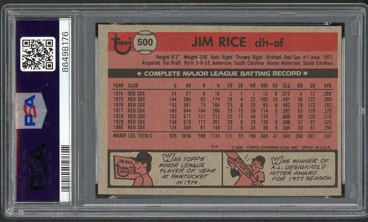 1981 Topps #500 Jim Rice Red Sox PSA 9 MINT 562296