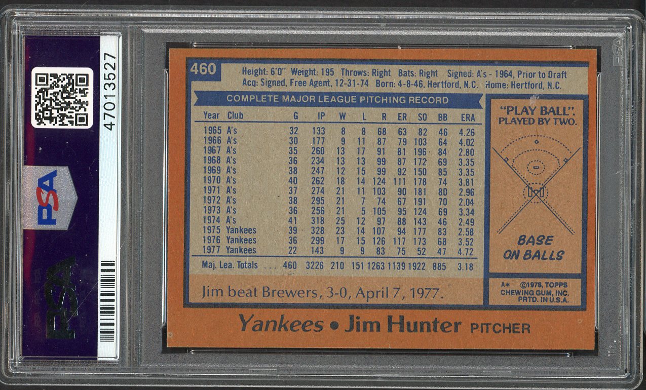 1978 Topps Baseball #460 Catfish Hunter Yankees PSA 9 MINT 562303