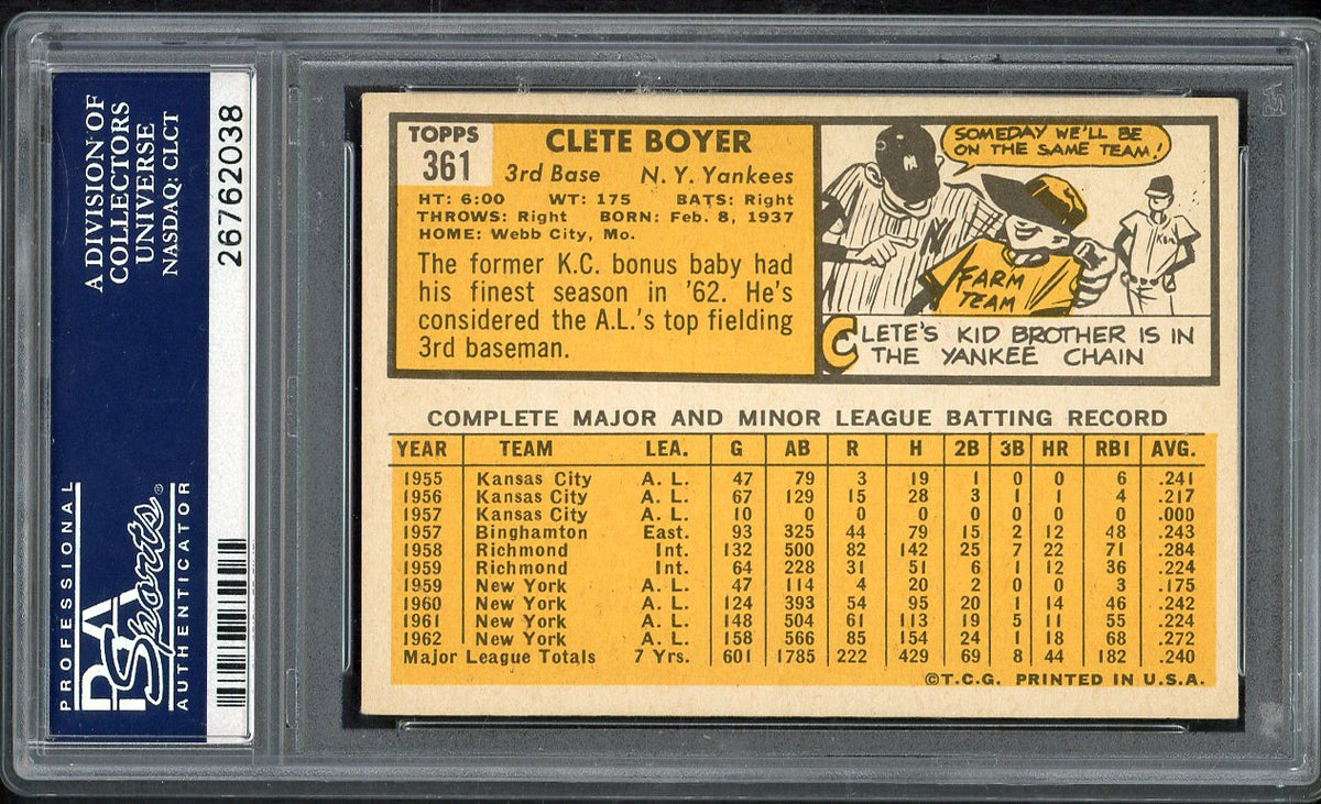 1963 Topps Baseball #361 Clete Boyer Yankees PSA 6 EX-MT 562309