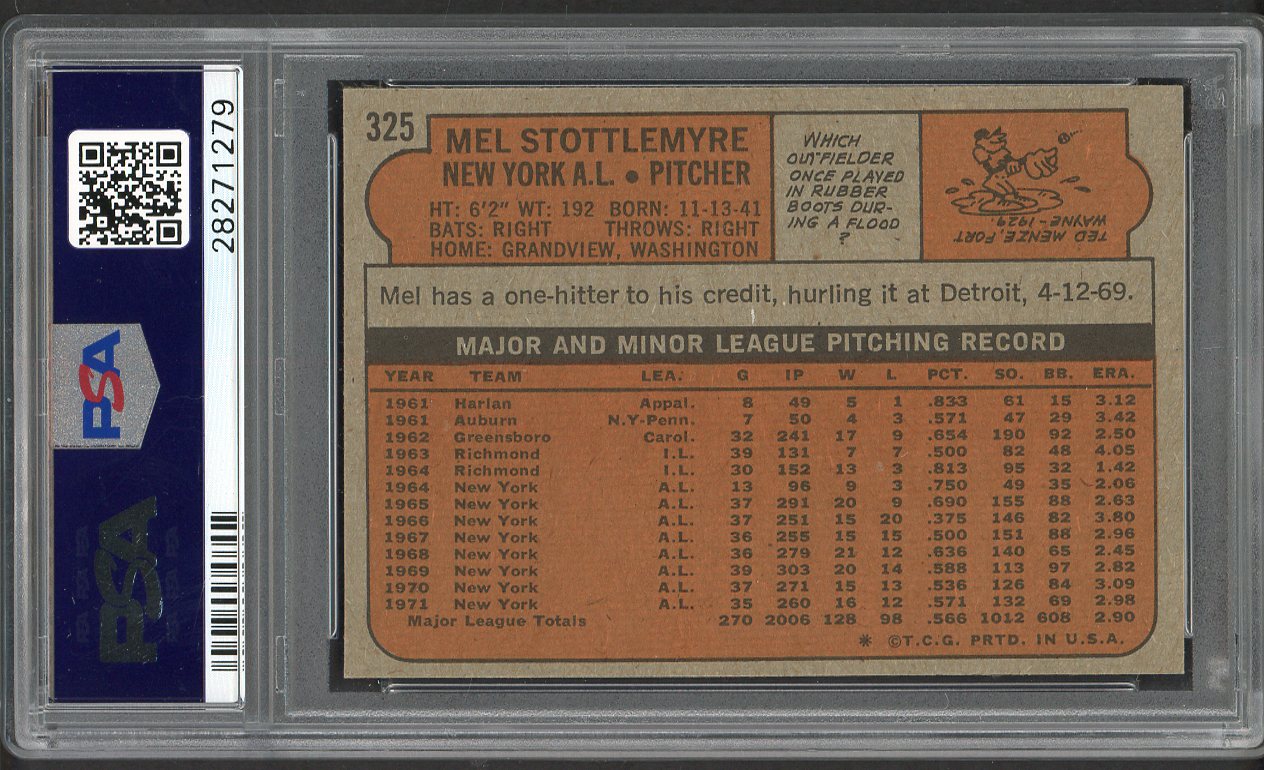 1972 Topps Baseball #325 Mel Stottlemyre Yankees PSA 9 MINT 562322