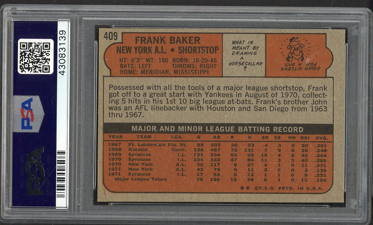 1972 Topps Baseball #409 Frank Baker Yankees PSA 6 EX-MT 562323
