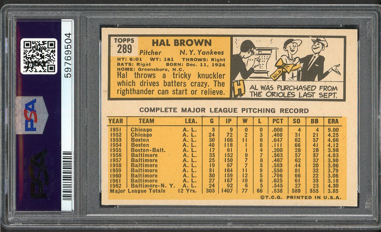 1963 Topps Baseball #289 Hal Brown Yankees PSA 6 EX-MT 562330