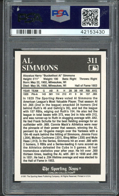 1991 Conlon Collection #311 Al Simmons A's PSA 9 MINT 562338