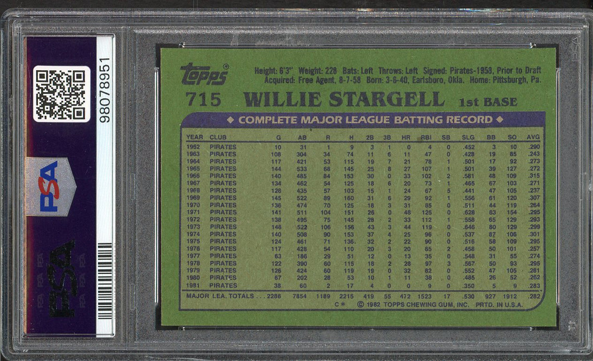 1982 Topps #715 Willie Stargell Pirates PSA 9 MINT 562357