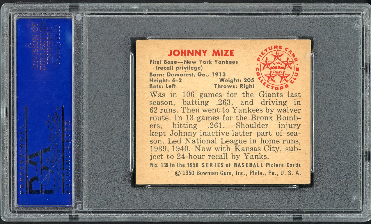 1950 Bowman Baseball #139 Johnny Mize Yankees PSA 6 EX-MT 562359