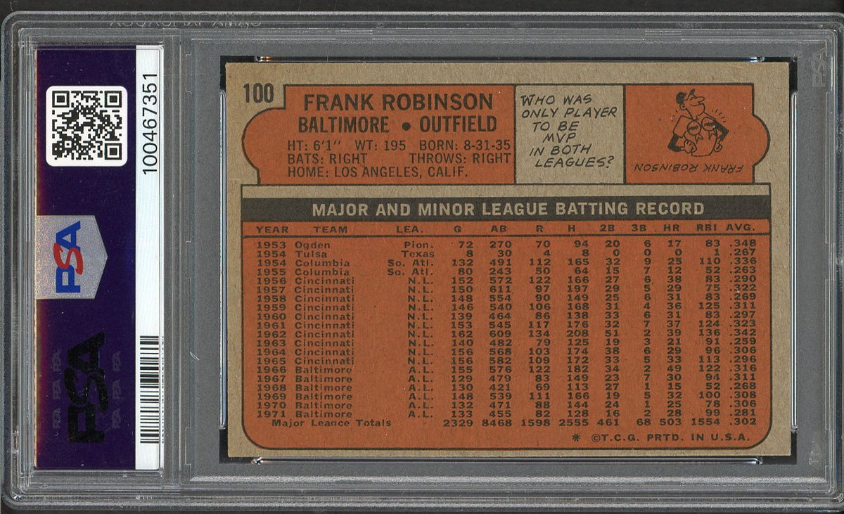 1972 Topps Baseball #100 Frank Robinson Orioles PSA 8 NM/MT 562366