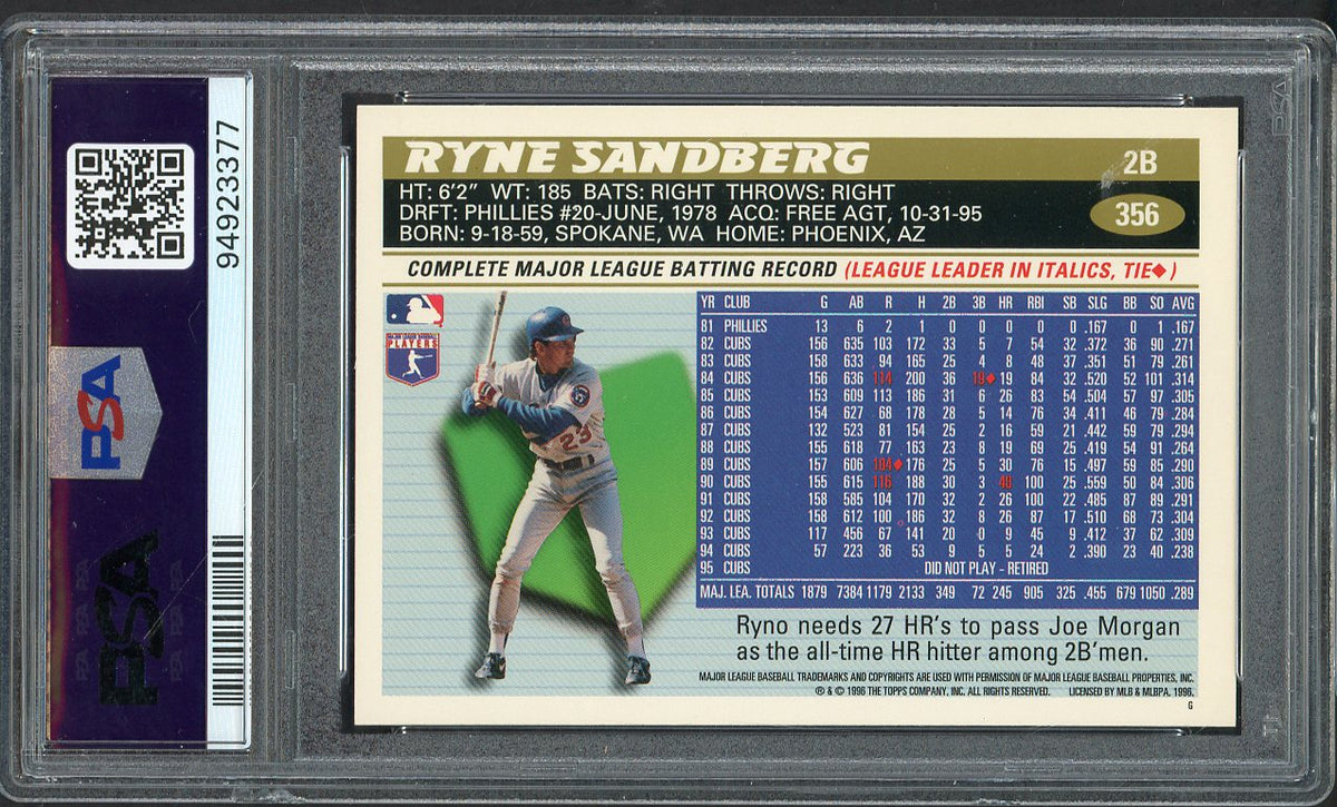 1996 Topps #356 Ryne Sandberg Cubs PSA 10 GEM MINT 562395