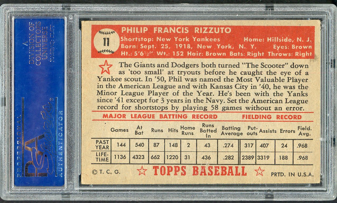 1952 Topps Baseball #011 Phil Rizzuto Yankees PSA 4 VG-EX Red 562400