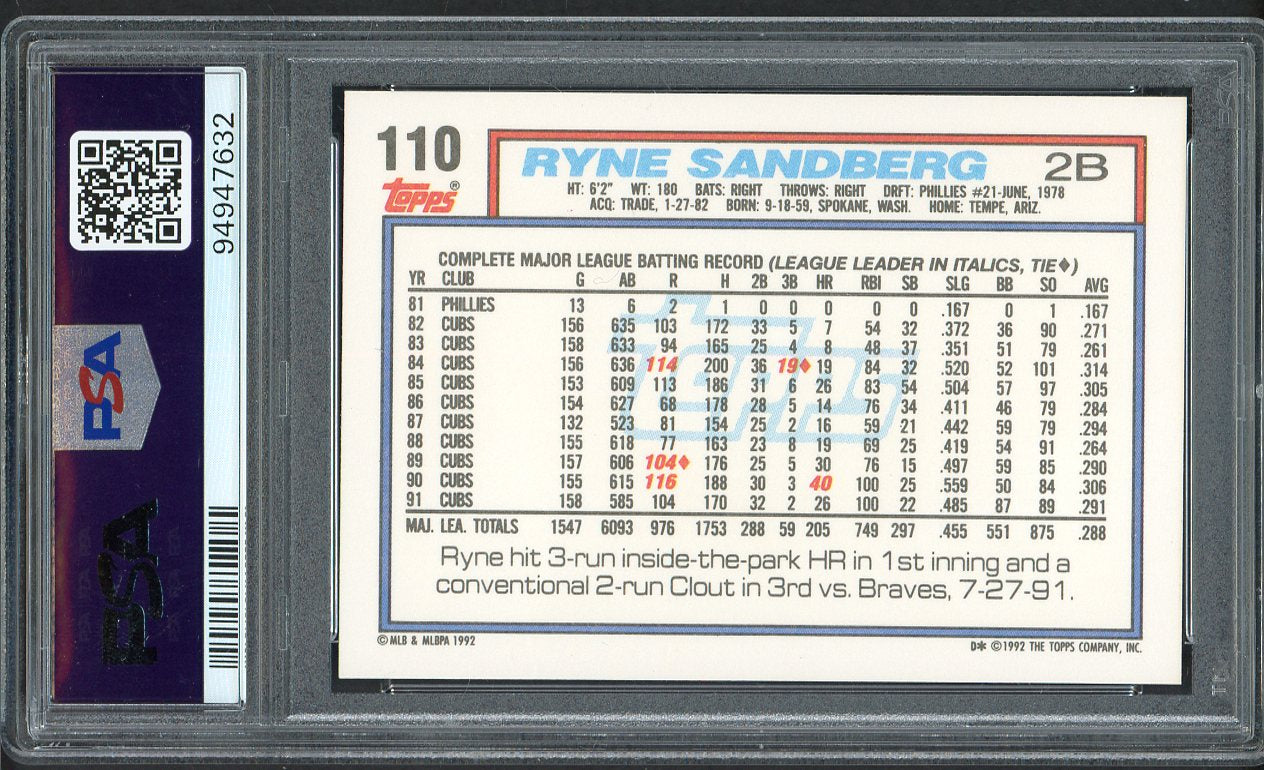 1992 Topps #110 Ryne Sandberg Cubs PSA 10 GEM MINT 562402