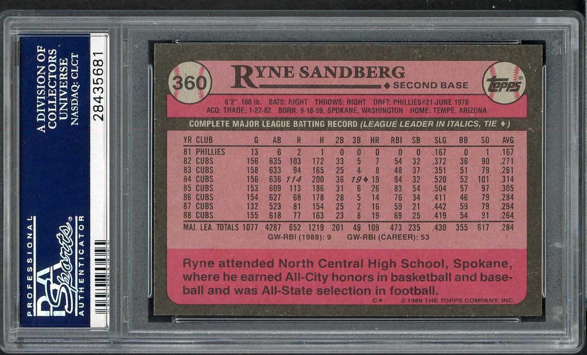 1989 Topps #360 Ryne Sandberg Cubs PSA 10 GEM MINT 562404