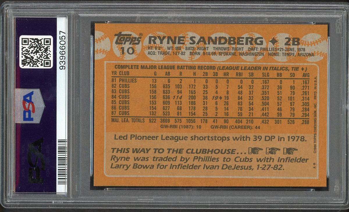 1988 Topps #010 Ryne Sandberg Cubs PSA 10 GEM MINT 562405
