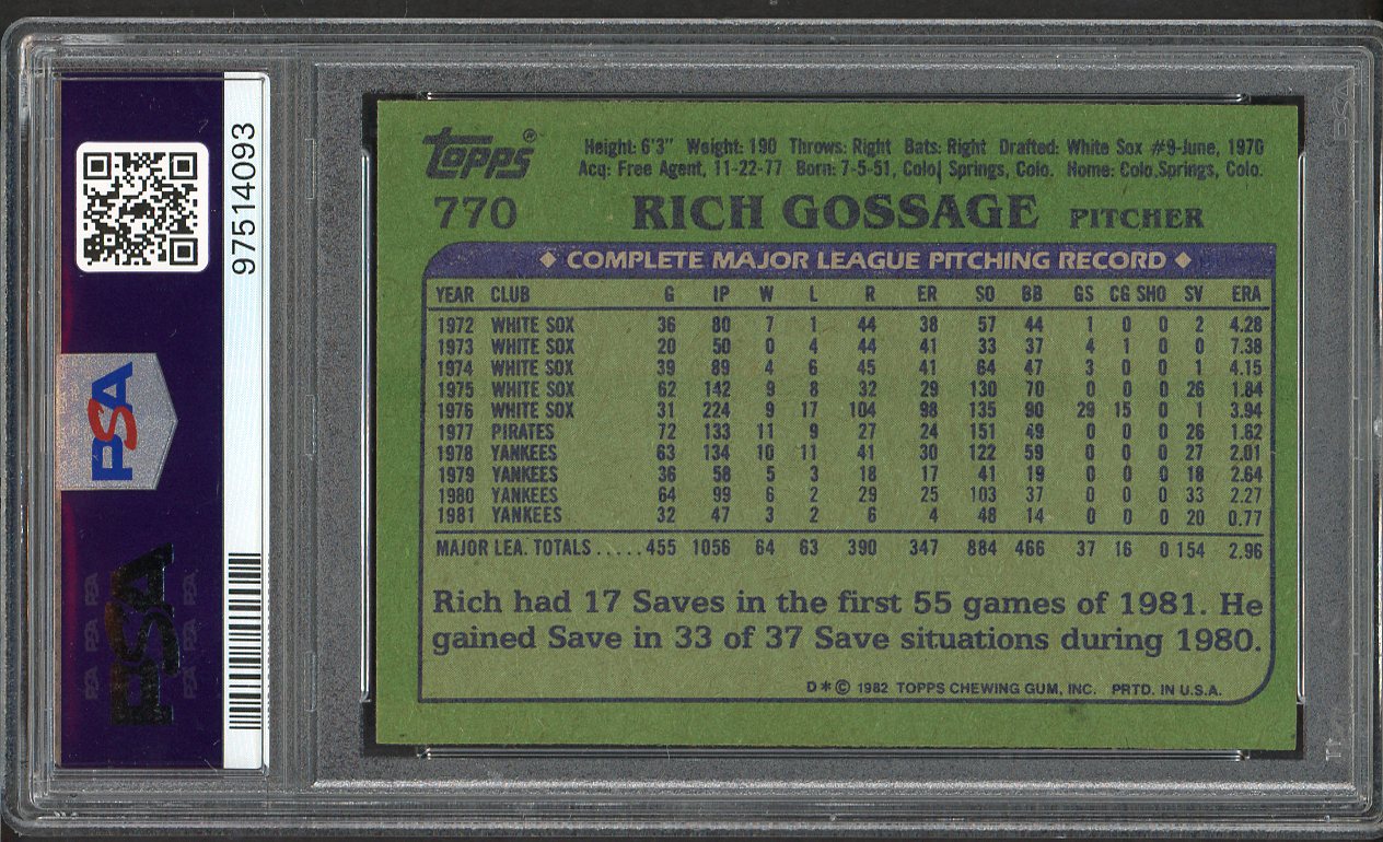 1982 Topps #770 Goose Gossage Yankees PSA 10 GEM MINT 562426