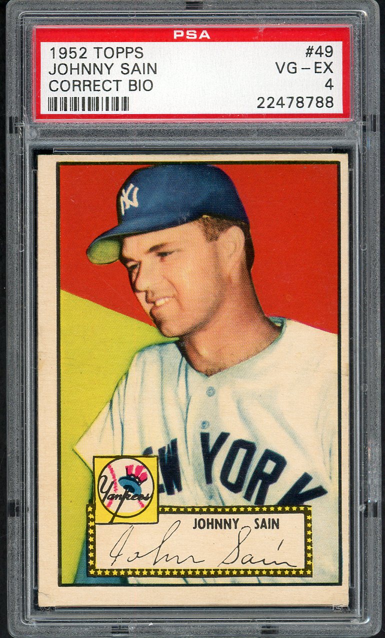 1952 Topps Baseball #049 Johnny Sain Yankees PSA 4 VG-EX Red 562432