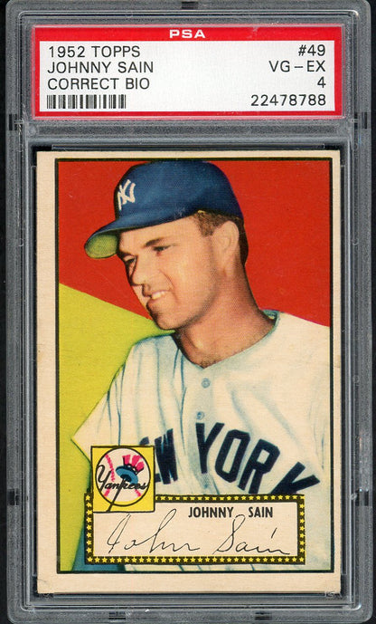 1952 Topps Baseball #049 Johnny Sain Yankees PSA 4 VG-EX Red 562432