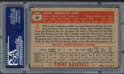1952 Topps Baseball #049 Johnny Sain Yankees PSA 4 VG-EX Red 562432