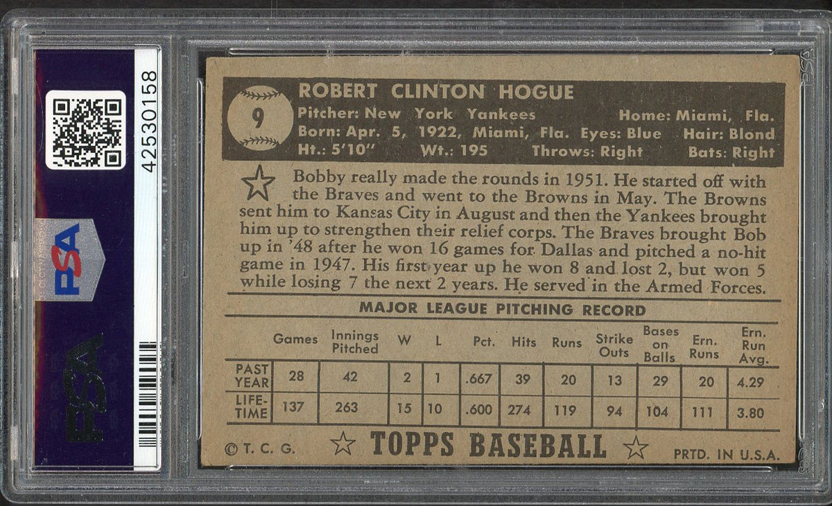 1952 Topps Baseball #009 Bobby Hogue Yankees PSA 4 VG-EX Black 562433