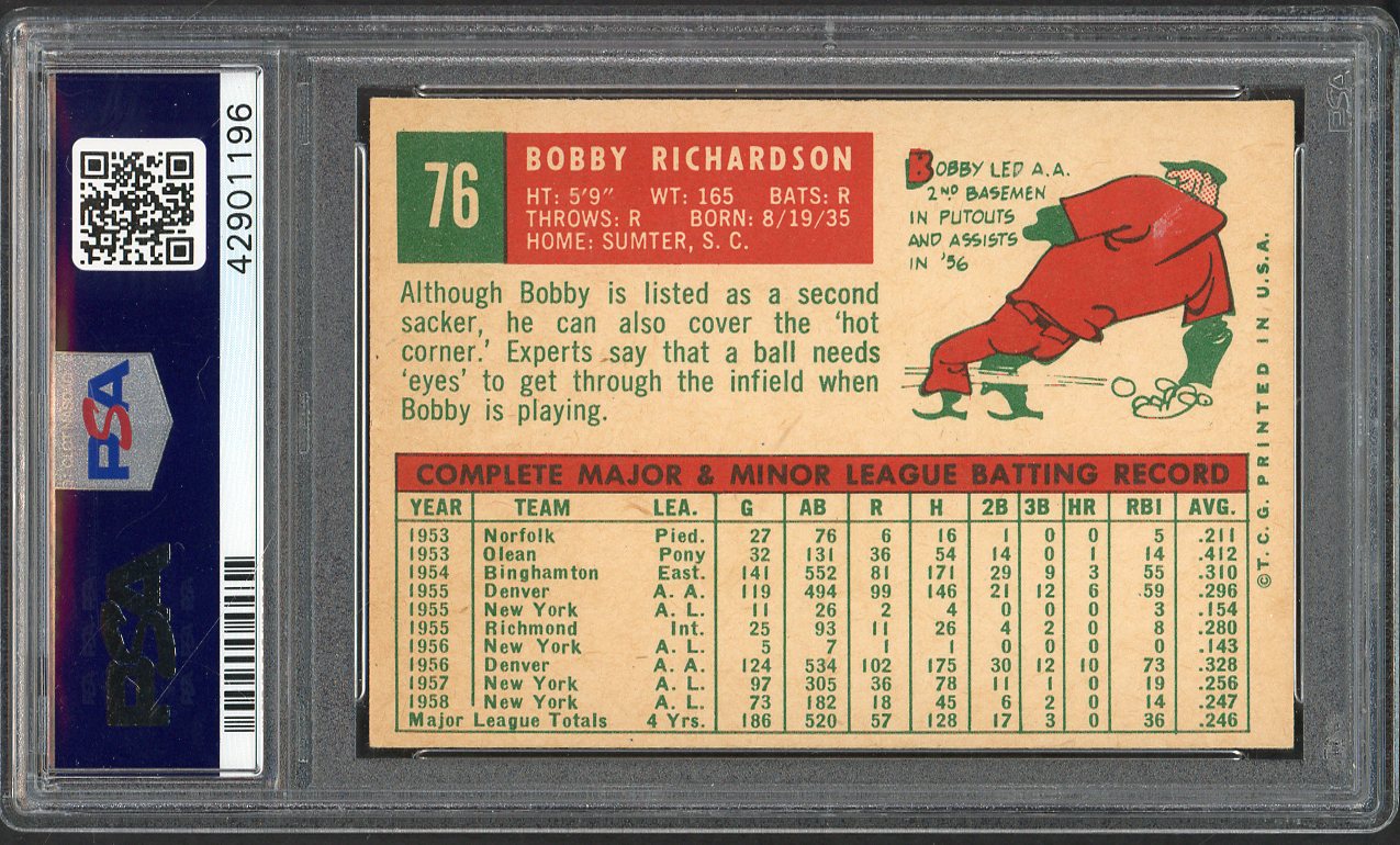 1959 Topps Baseball #076 Bobby Richardson Yankees PSA 8 NM/MT 562435