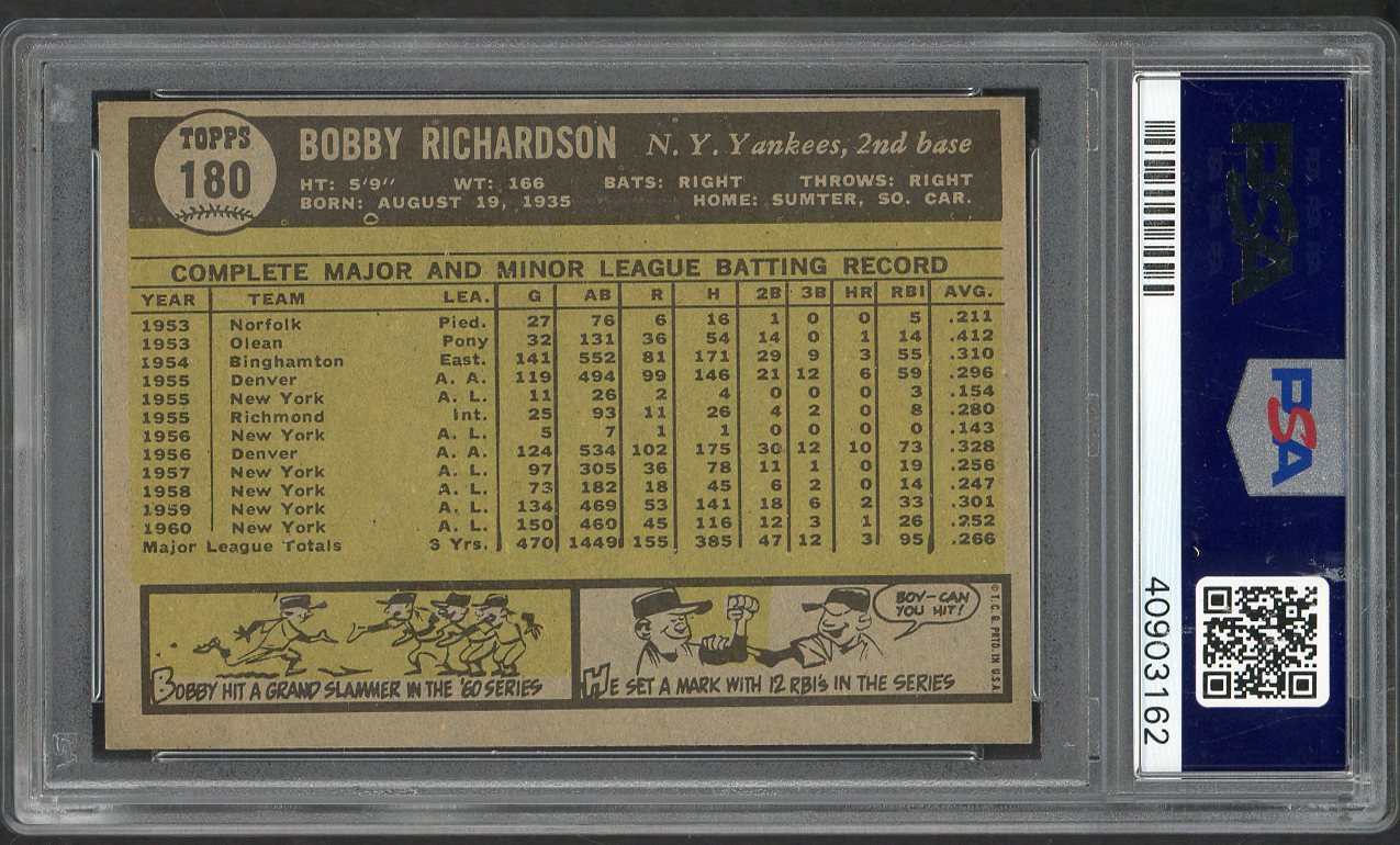 1961 Topps Baseball #180 Bobby Richardson Yankees PSA 7 NM 562436