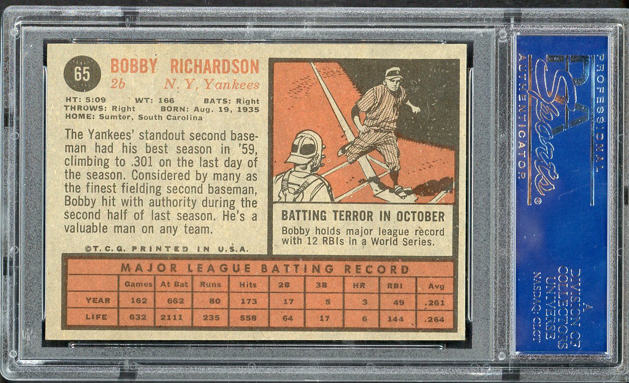 1962 Topps Baseball #065 Bobby Richardson Yankees PSA 7 NM 562437