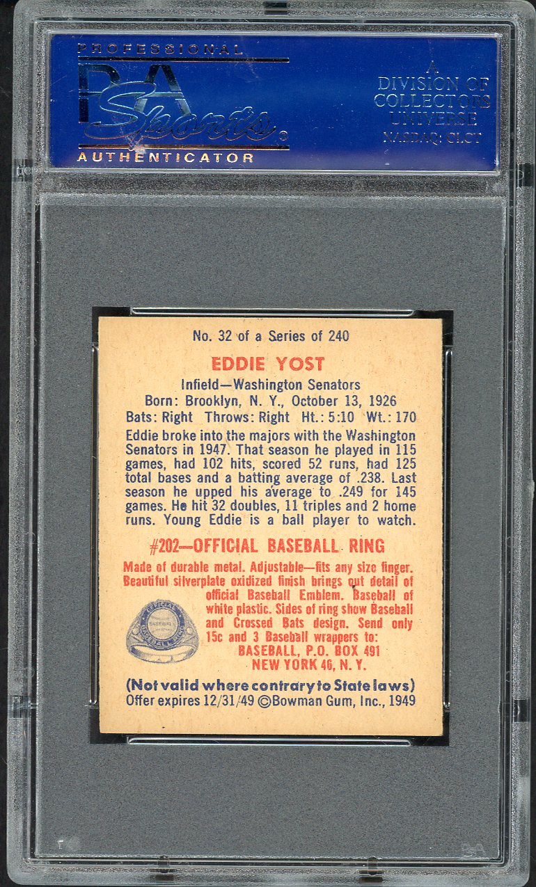1949 Bowman Baseball #032 Eddie Yost Senators PSA 7 NM 562443
