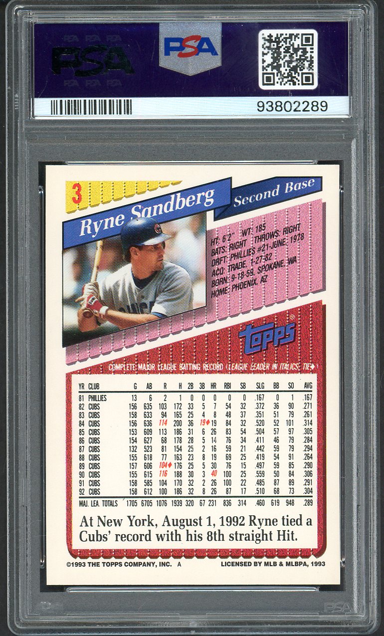 1993 Topps #003 Ryne Sandberg Cubs PSA 10 GEM MINT 562448