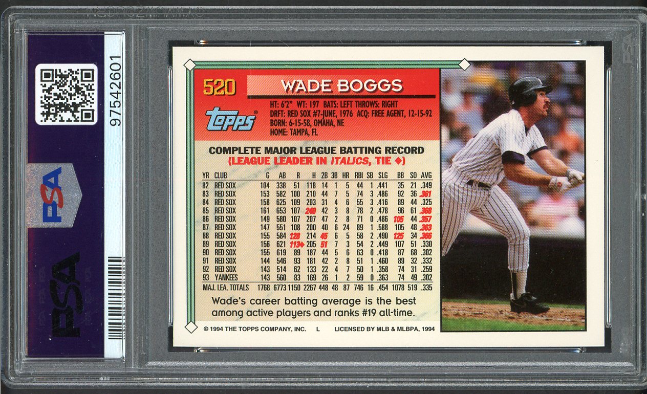 1994 Topps #520 Wade Boggs Yankees PSA 10 GEM MINT 562450