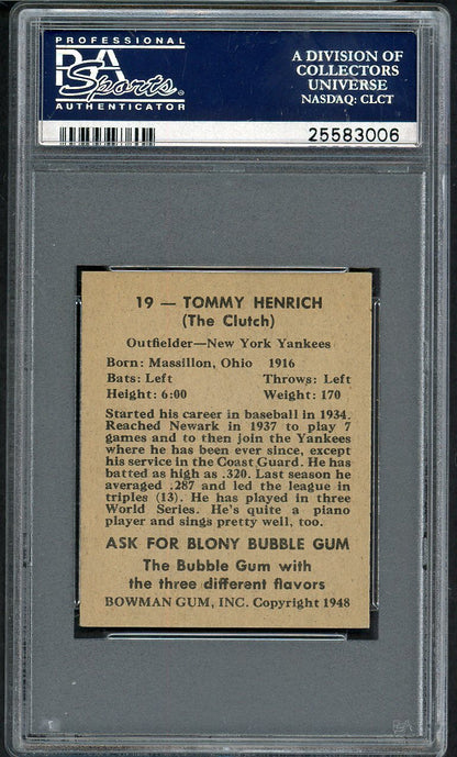 1948 Bowman Baseball #019 Tommy Henrich Yankees PSA 7 NM 562460