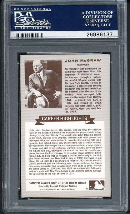 1972 Kelloggs ATG #003 John McGraw Giants PSA 10 GEM MINT 562462