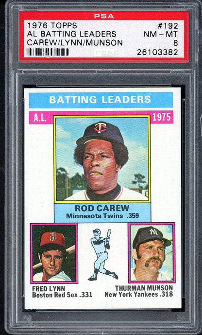 1976 Topps Baseball #192 A.L. Batting Leaders Rod Carew PSA 8 NM/MT 562463
