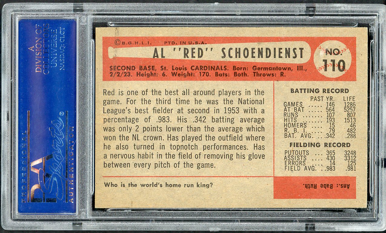 1954 Bowman Baseball #110 Red Schoendienst Cardinals PSA 6 EX-MT 562483
