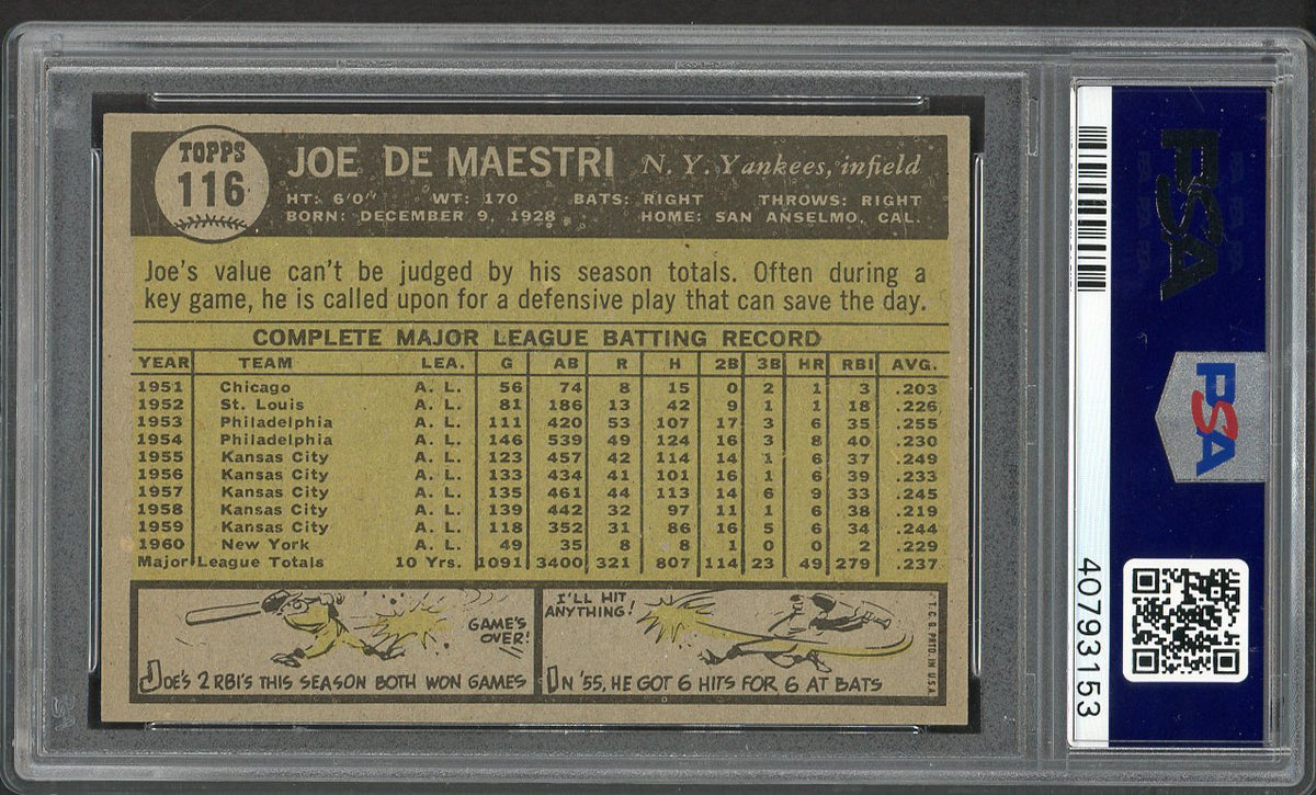 1961 Topps Baseball #116 Joe Demaestri Yankees PSA 7 NM 562499