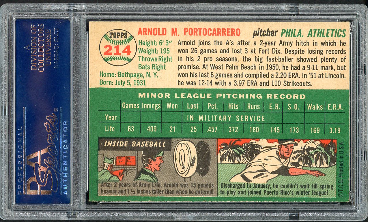 1954 Topps Baseball #214 Arnold Portocarrero A's PSA 8 NM/MT 562507