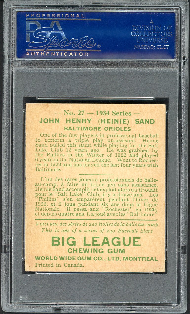 1934 World Wide Gum #027 Heinie Sand Orioles PSA 5 EX 562527