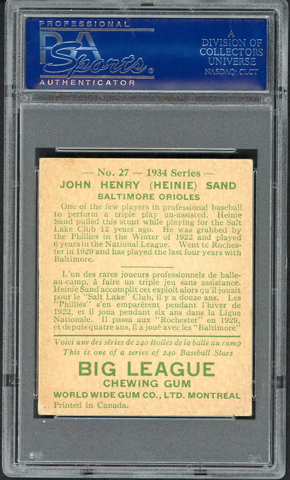 1934 World Wide Gum #027 Heinie Sand Orioles PSA 5 EX 562527