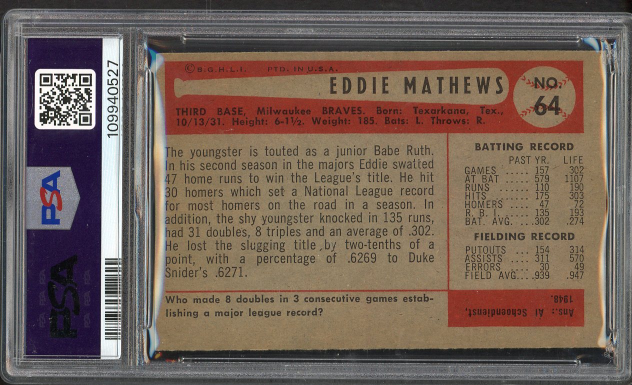 1954 Bowman Baseball #064 Eddie Mathews Braves PSA 6 EX-MT 562533
