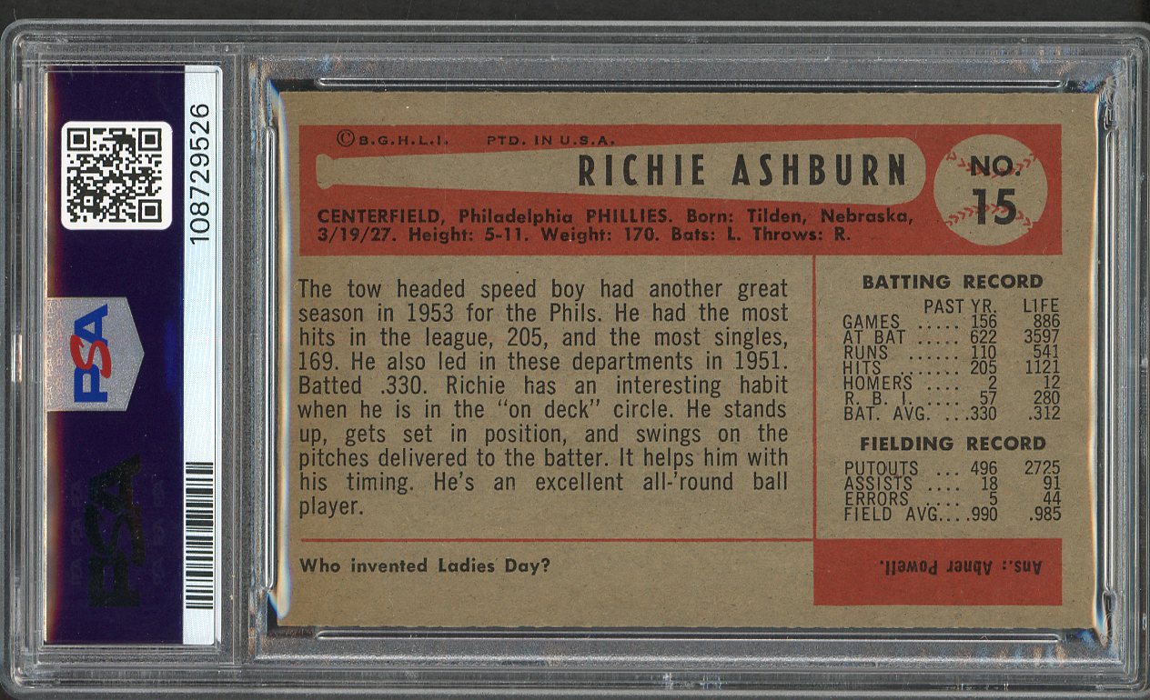 1954 Bowman Baseball #015 Richie Ashburn Phillies PSA 6 EX-MT 562538