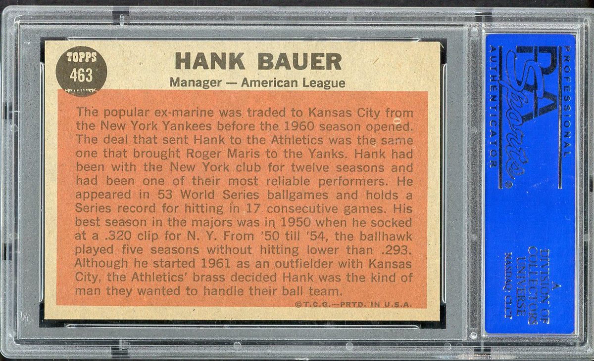 1962 Topps Baseball #463 Hank Bauer A's PSA 8 NM/MT 562569