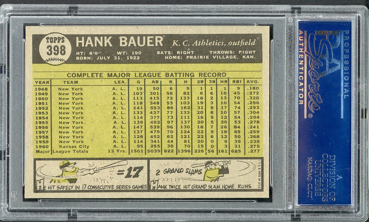1961 Topps Baseball #398 Hank Bauer A's PSA 8 NM/MT 562571