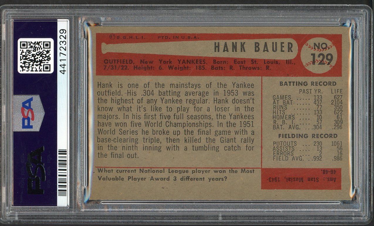 1954 Bowman Baseball #129 Hank Bauer Yankees PSA 5 EX 562572