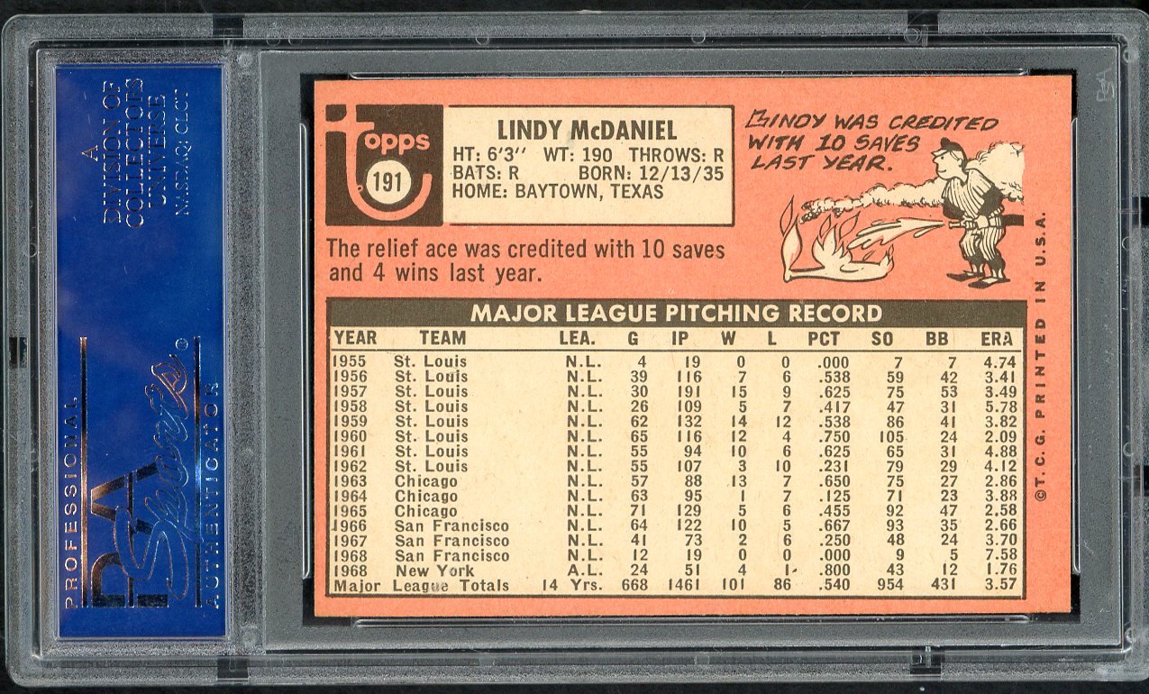 1969 Topps Baseball #191 Lindy McDaniel Yankees PSA 7 NM 562584