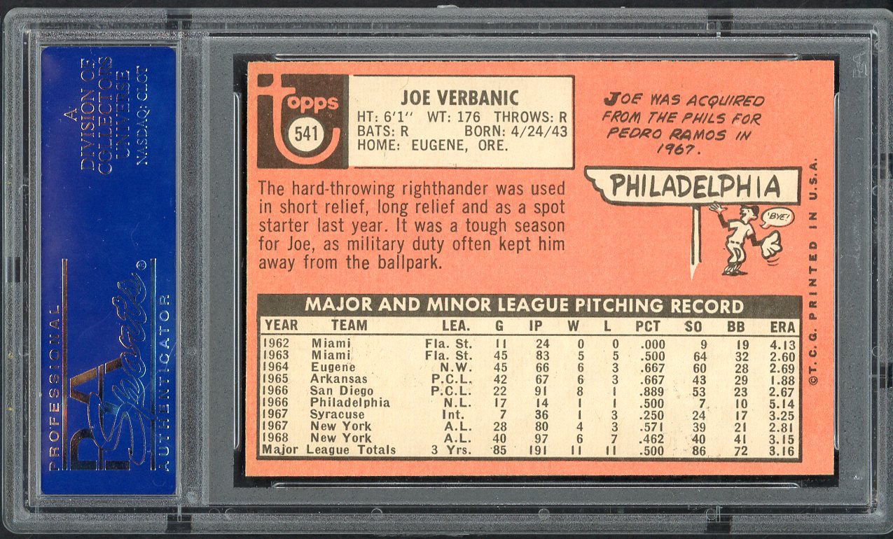 1969 Topps Baseball #541 Joe Verbanic Yankees PSA 7 NM 562599