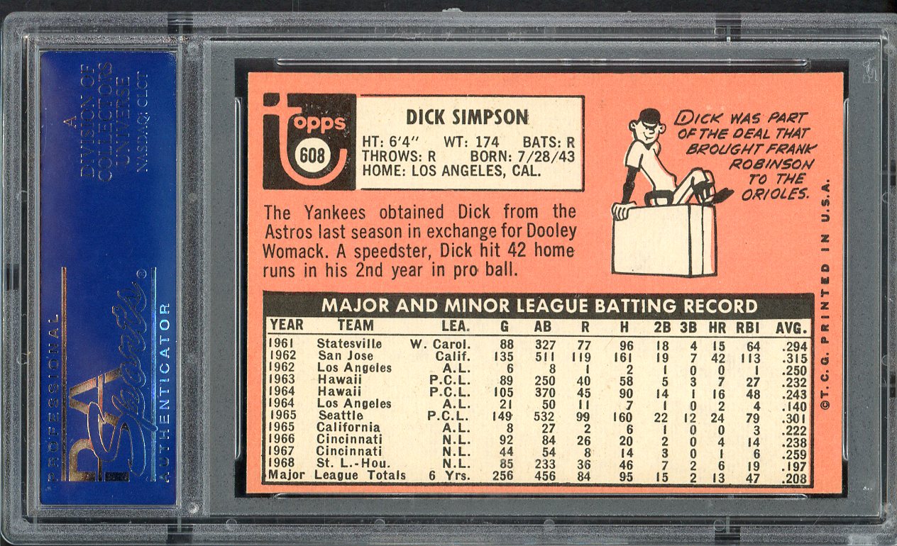 1969 Topps Baseball #608 Dick Simpson Yankees PSA 7 NM 562601