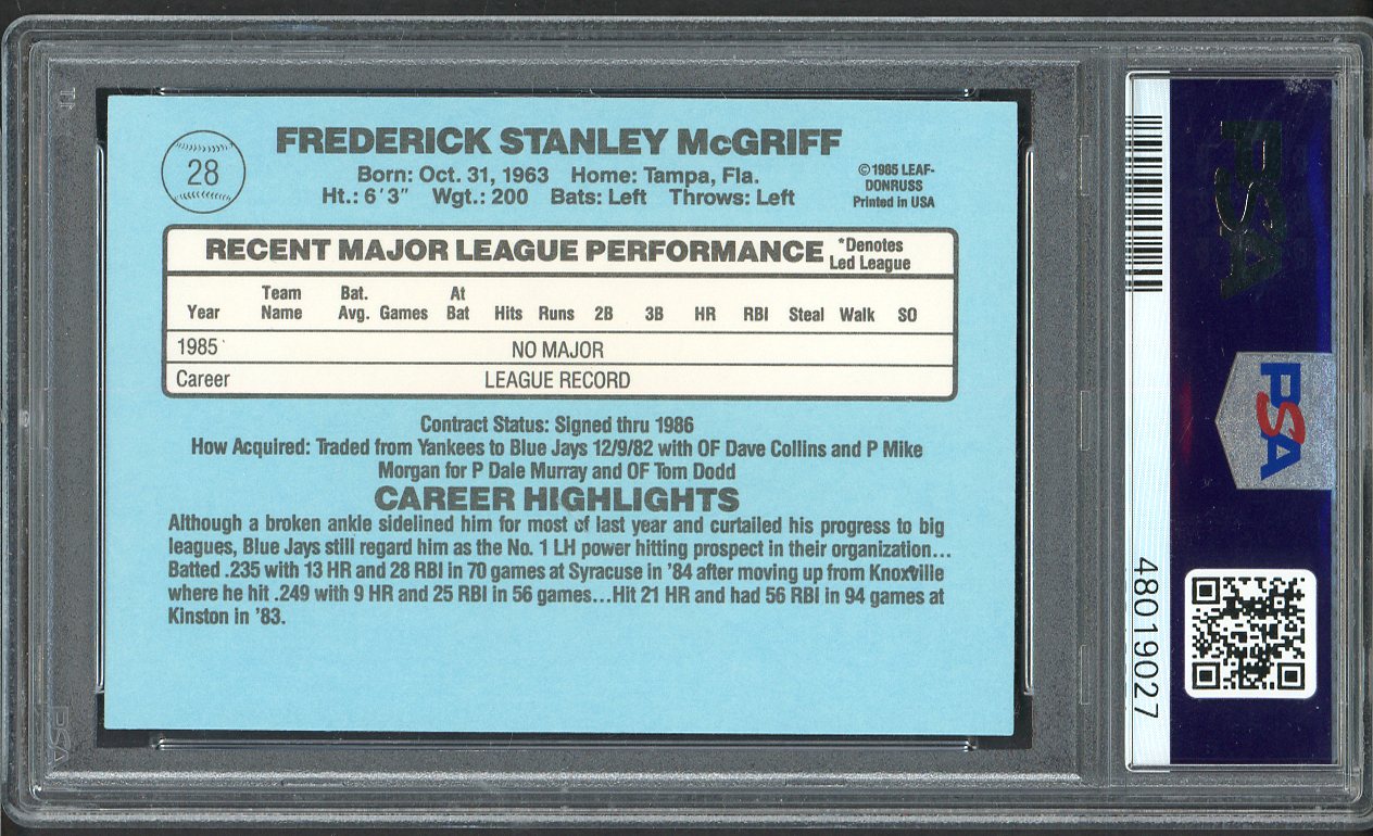 1986 Donruss #028 Fred McGriff Blue Jays PSA 8 NM/MT 562618