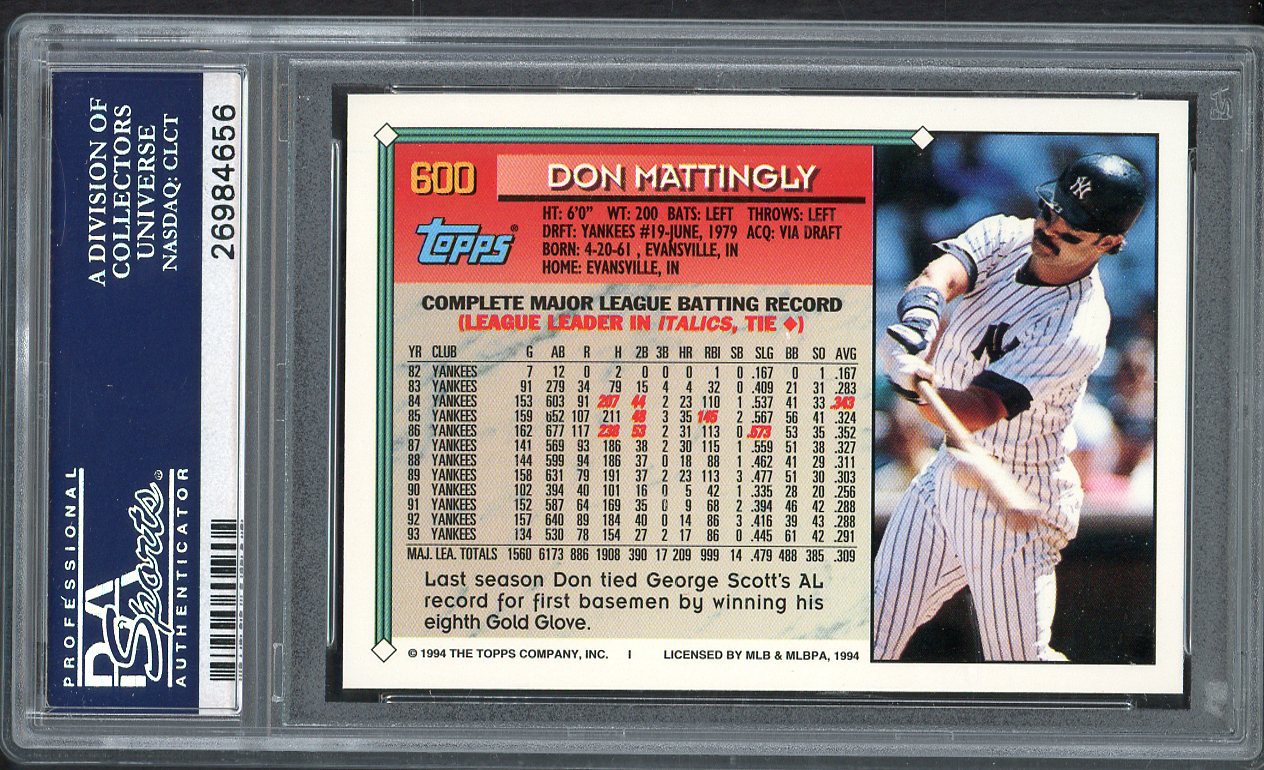 1994 Topps #600 Don Mattingly Yankees PSA 10 GEM MINT 562625