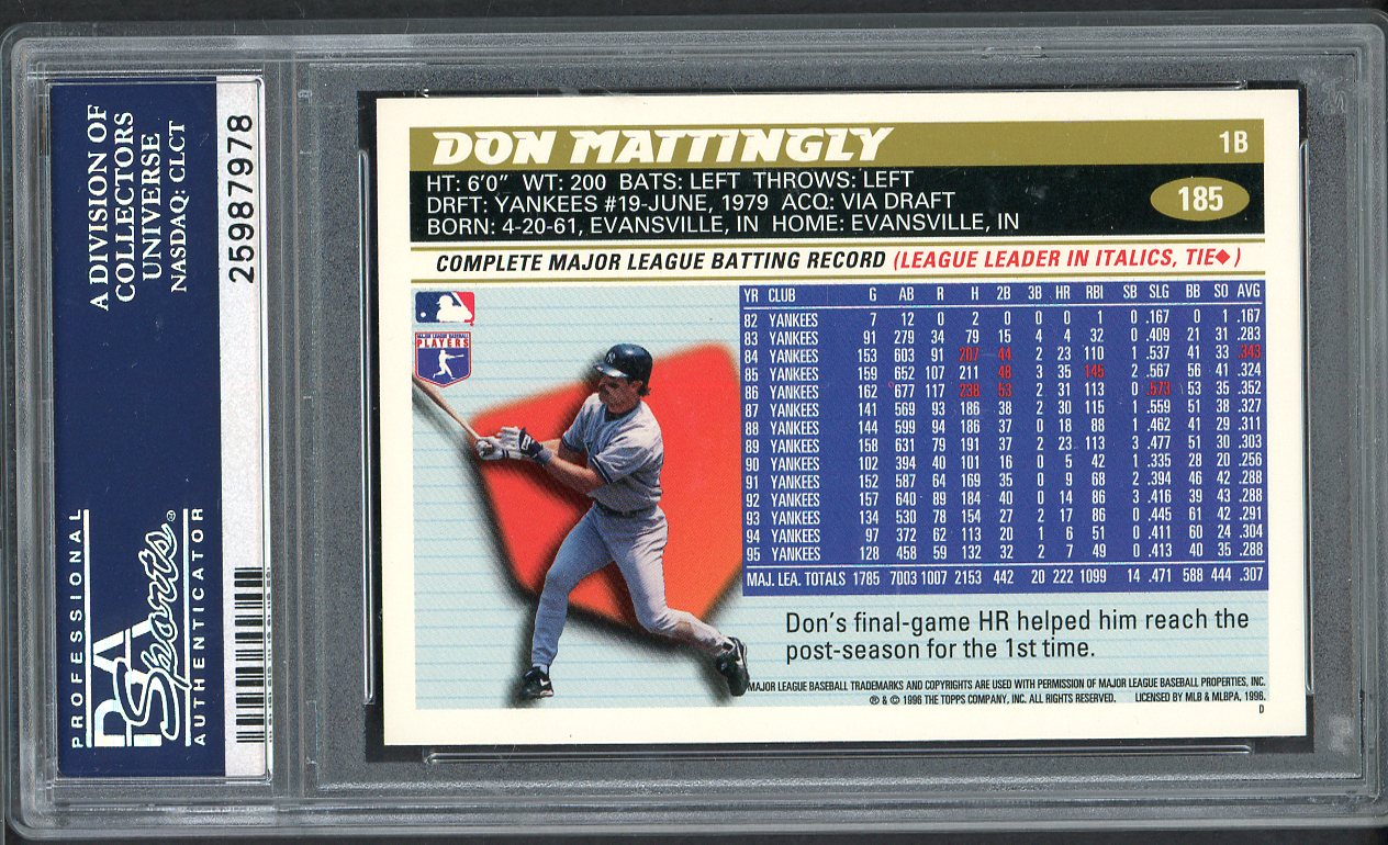 1996 Topps #185 Don Mattingly Yankees PSA 10 GEM MINT 562626