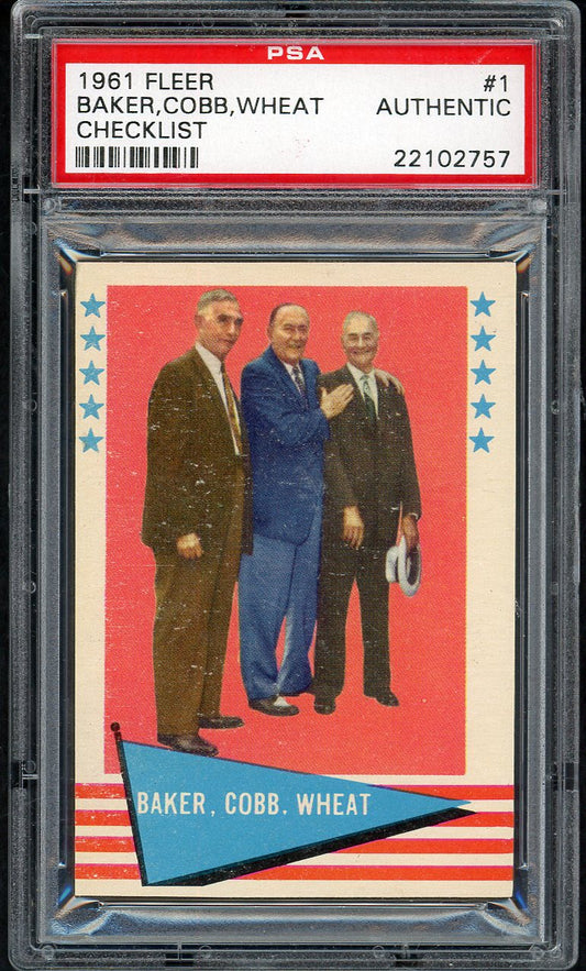 1961 Fleer Baseball #001 Ty Cobb Frank Baker Zach Wheat PSA Auth 562640