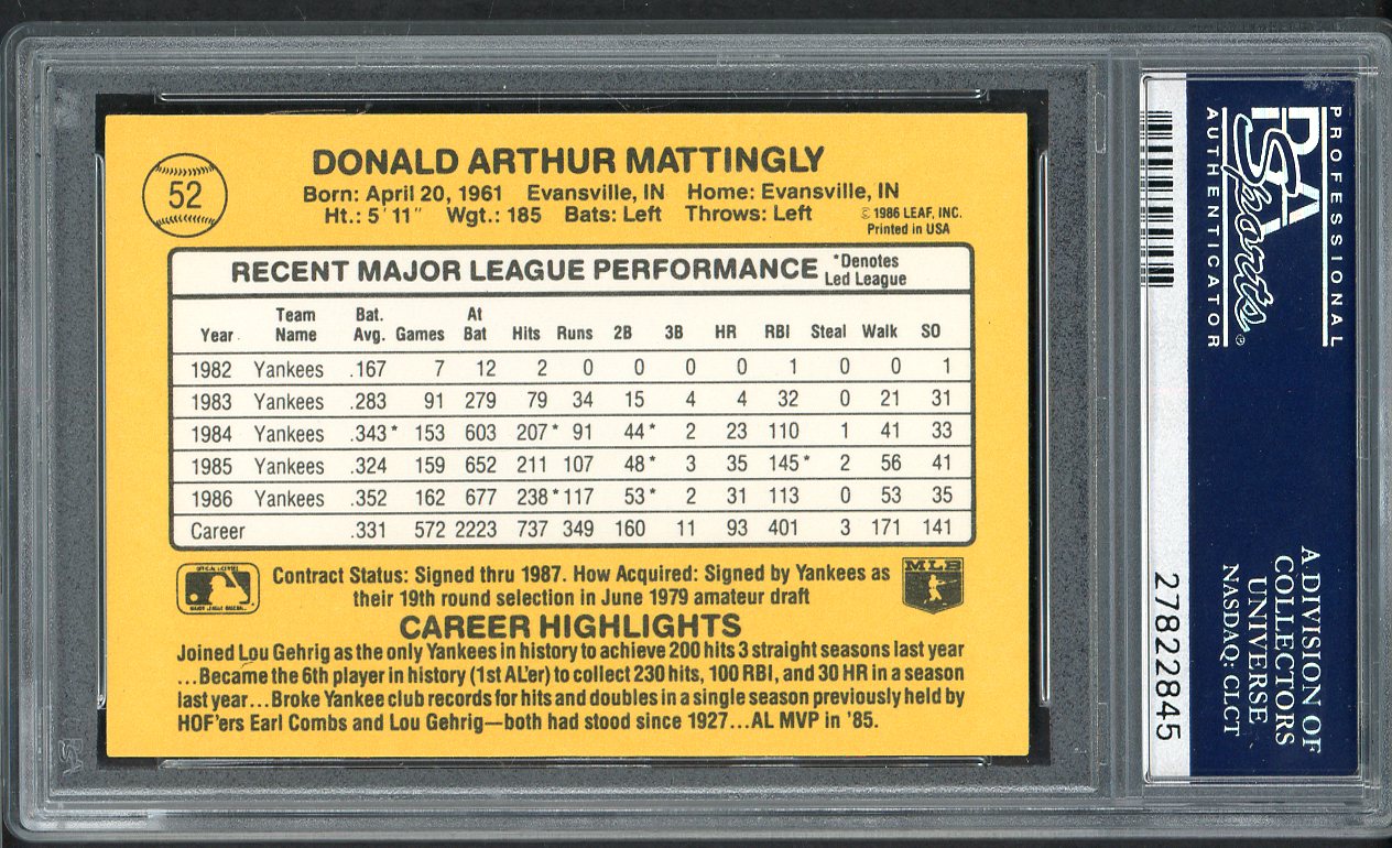 1987 Donruss #052 Don Mattingly Yankees PSA 10 GEM MINT 562642