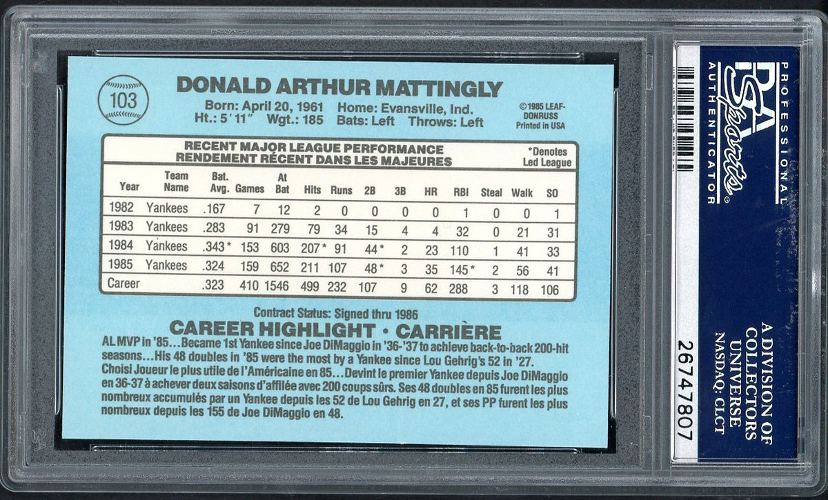 1986 Leaf #103 Don Mattingly Yankees PSA 10 GEM MINT 562643