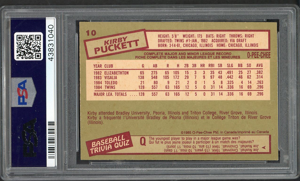 1985 O Pee Chee #010 Kirby Puckett Twins PSA 8 NM/MT 562644